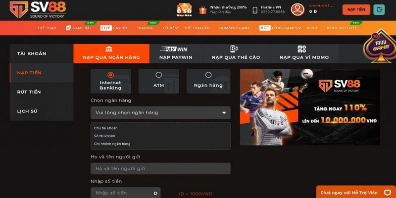 Hình thức nạp tiền SV88 qua ngân hàng trực tuyến tiện lợi